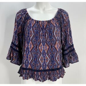 GNW Blouse Size S Blue Boho Bohemian Hippie Prairie Artsy Festival